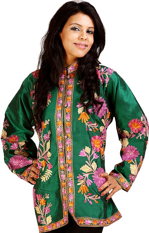 Islamic-Green Jacket from Kashmir with Aari Embroidered Flowers All-Over