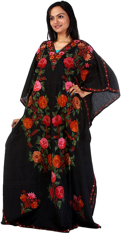 Black Kashmiri Kaftan with Large Embroidered Flowers