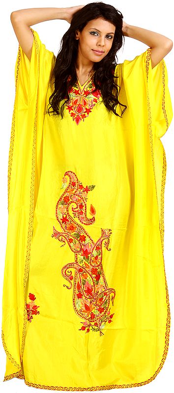 Yellow Kashmiri Kaftan with Embroidered Flowers