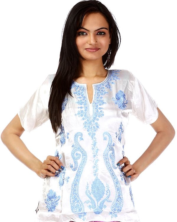 Ivory Kashmiri Kurti Top with Crewel Embroidery in Blue Thread