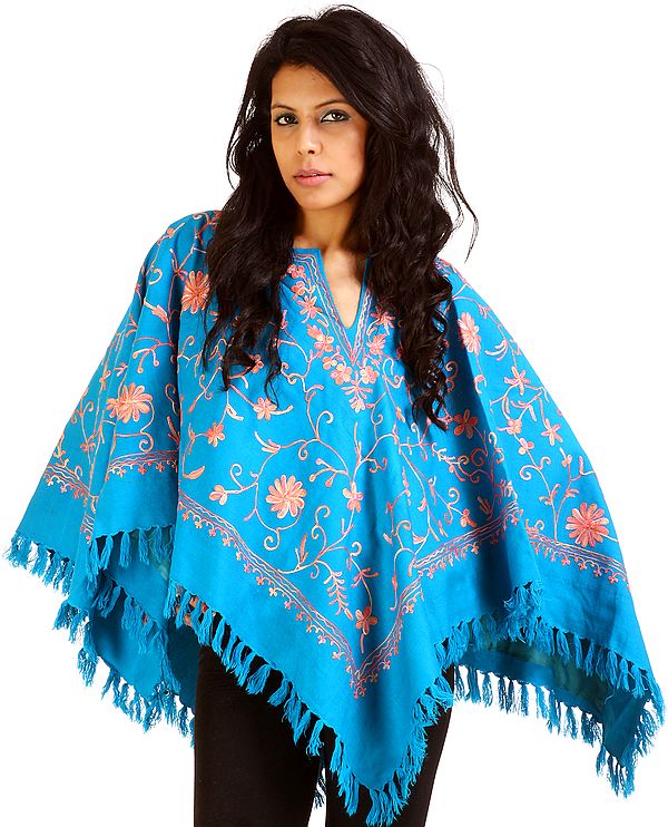 Robin-Egg Blue Poncho with Aari Embroidery All-Over