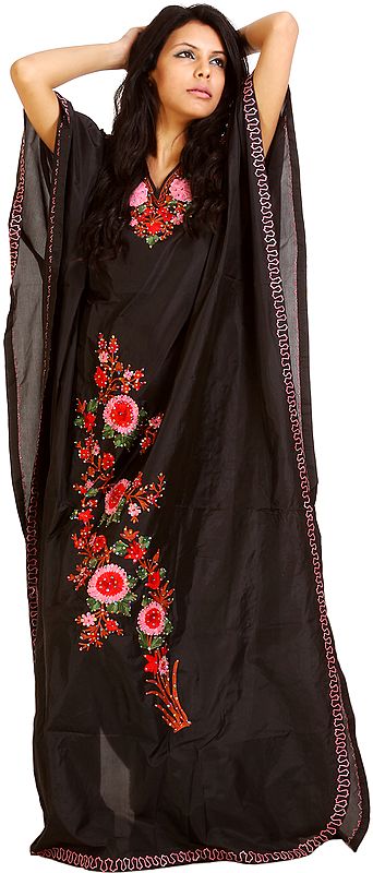 Black Kashmiri Kaftan with Embroidered Flowers and Sequins