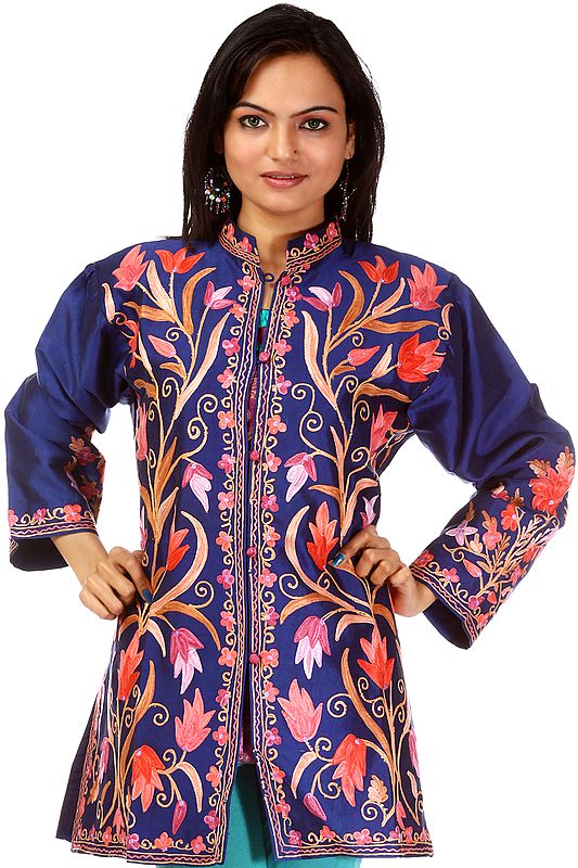 Navy-Blue Jacket from Kashmir with Aari Embroidered Flowers