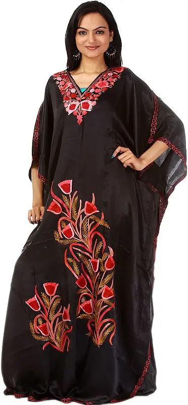 Black Kashmiri Kaftan with Embroidered Flowers
