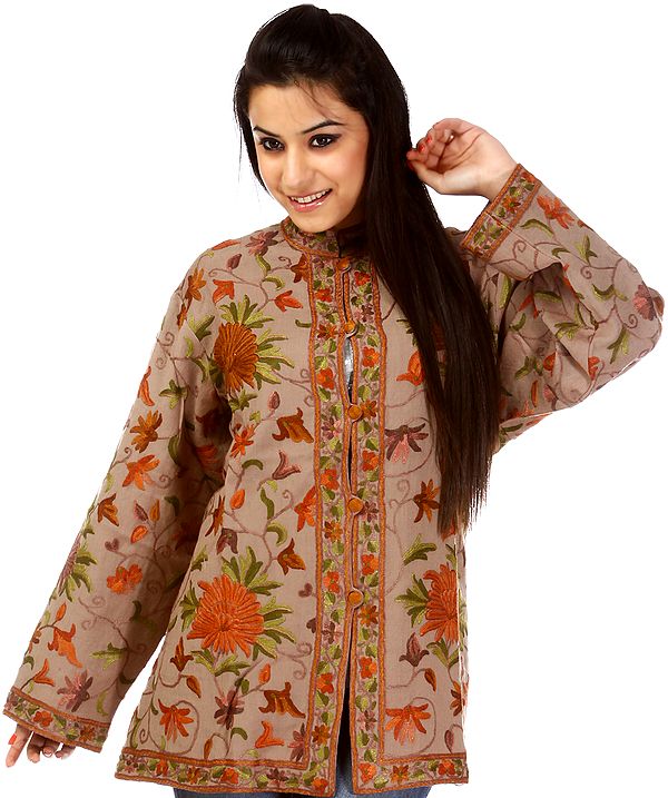 Khaki Kashmiri Jacket with Hand-Embroidered Tree Flowers