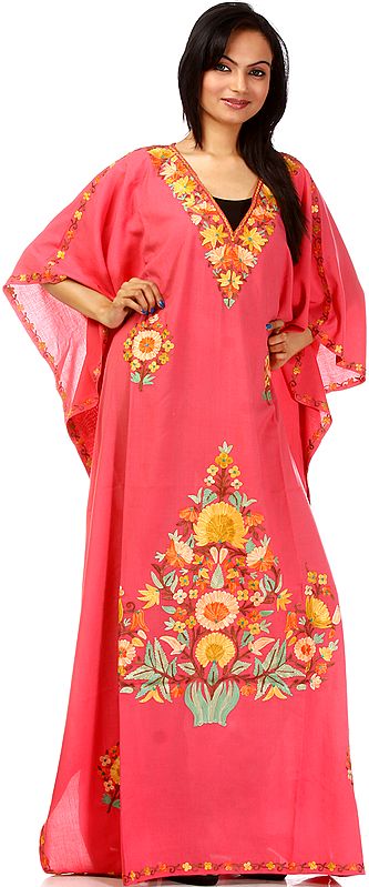 Rose-Pink Kashmiri Kaftan with Embroidered Flowers