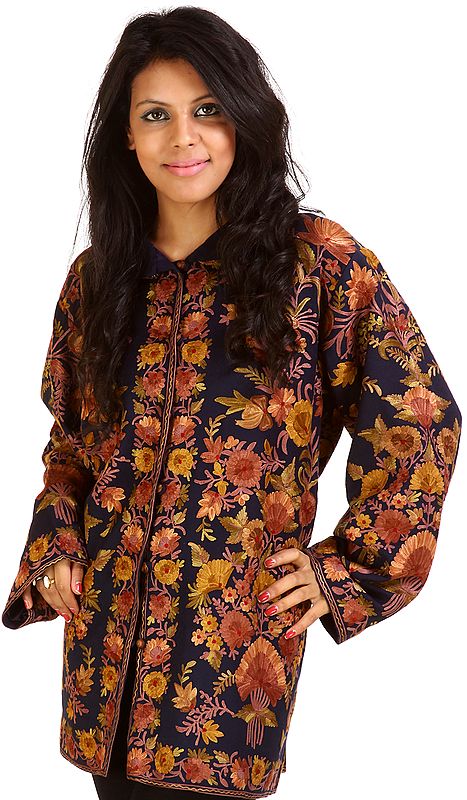 Navy-Blue Kashmiri Jacket with Embroidered Flowers All-Over