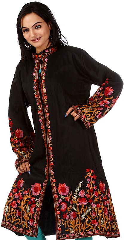 Black Long Jacket with Embroidered Flowers