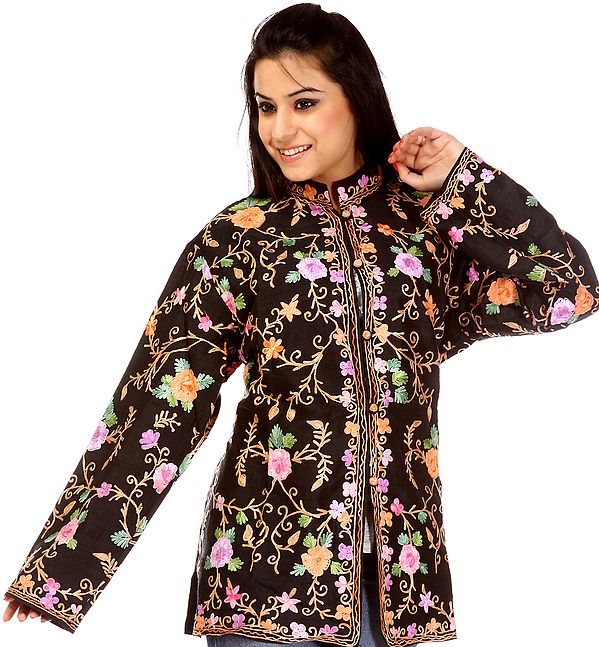 Black Kashmiri Jacket with Aari Embroidered Flowers