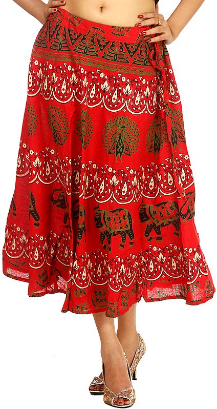 Red Drawstring Skirt with Printed Elephants and Peacocks