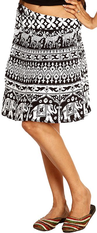 White and Black Sanganeri Wrap-Around Mini-Skirt with Printed Deers and Elephants