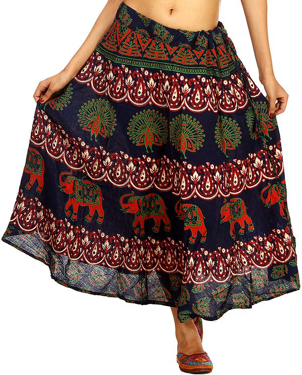 Navy-Blue Drawstring Skirt with Printed Elephants and Peacocks