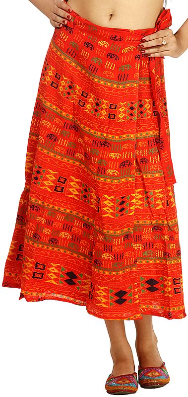 Scarlet Wrap-Around Block Printed Skirt with Folk Motifs