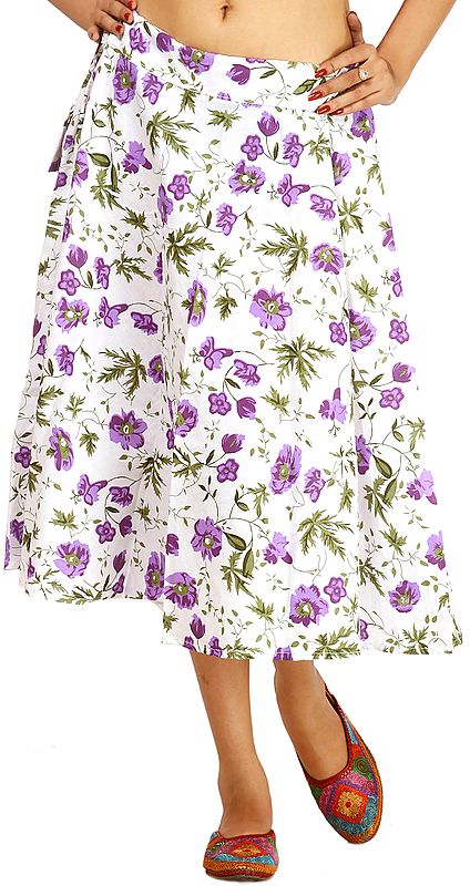 White Drawstring Skirt with Floral Print