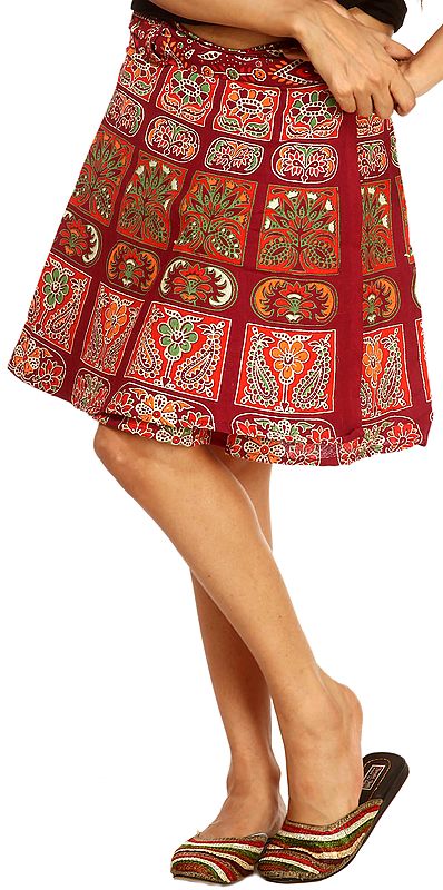 Renaissance-Rose Sanganeri Wrap-Around Mini-Skirt with Printed Motifs