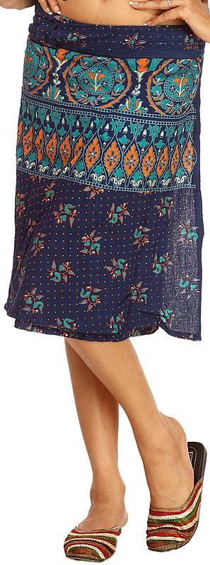 Navy-Blue Sanganeri Wrap-Around Skirt with Printed Motifs