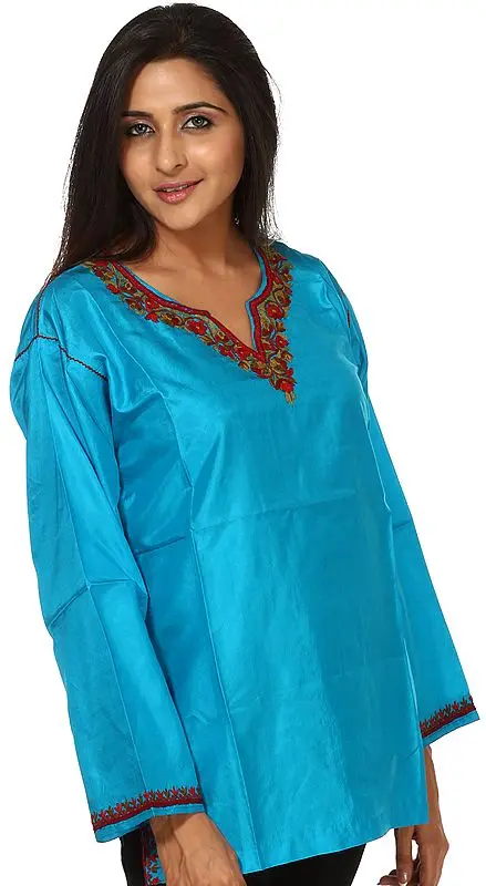 Hawaiian Ocean Blue Kashmiri Kurti with Hand-Embroidery on Neck