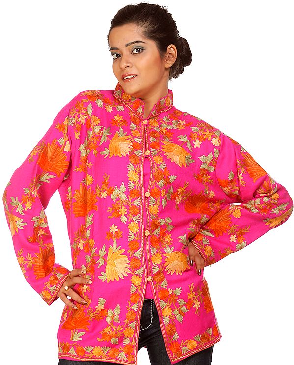 Fuchsia-Purple Kashmiri Jacket with Embroidered Flowers All-Over