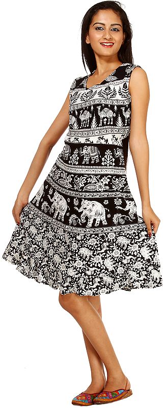 White and Black Tunic Skirt with Printed Elephants and Camels