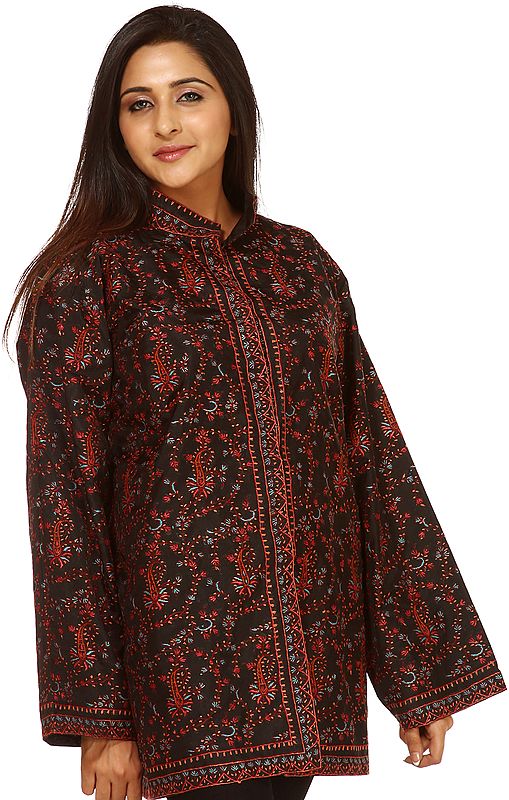 Black Kashmiri Jacket with Sozni Hand-Embroidered Paisleys
