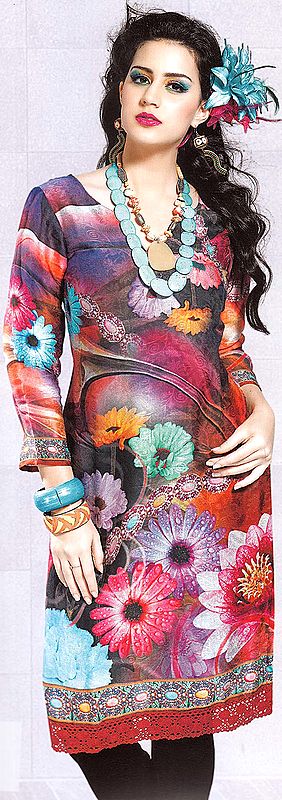 Multi-Color Digital Floral Printed Kurti with Brown Crochet Border