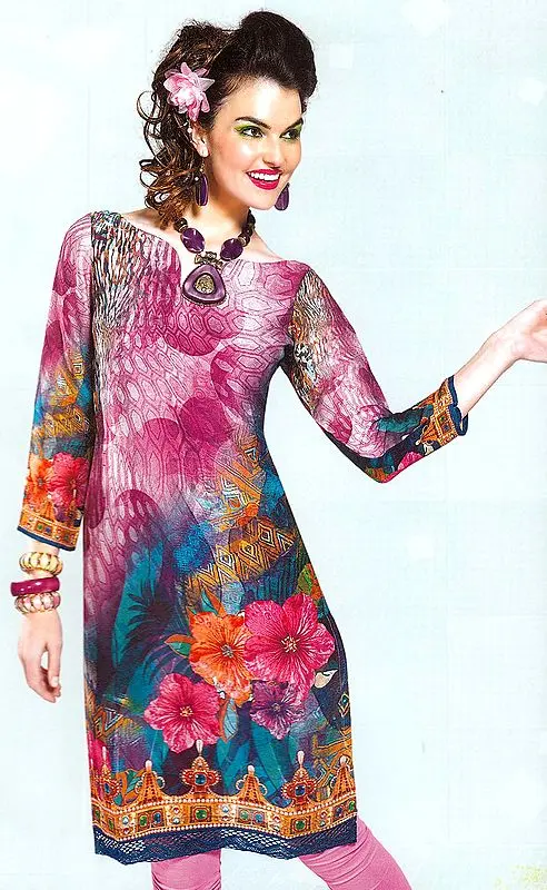 Multi-Color Digital Printed Kurti with Navy-Blue Crochet Border