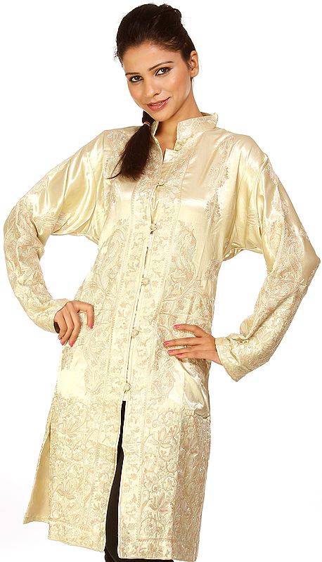 Cream Long Kashmiri Jacket with Crewel Embroidered Paisleys