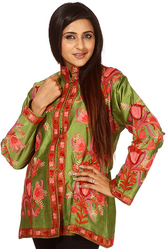 Fluorite -Green Kashmiri Jacket with Aari Embroidered Flowers All-Over