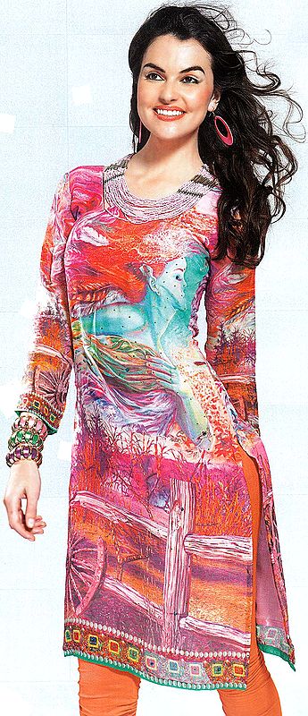 Multi-Color Digital Printed Kurti with Printed Lady