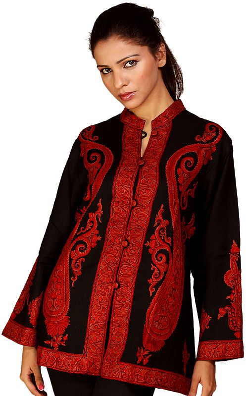 Black Kashmiri Jacket with Large Hand-Embroidered Paisleys