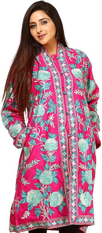 Rose-Violet Long Jacket From Kashmir with Floral Embroidery All- Over