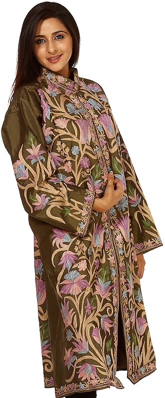 Avacado-Green Kashmiri Jacket with Aari Embroidered Tulip Flowers All-Over