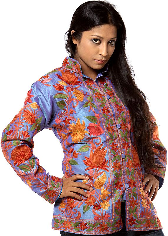 Steel-Blue High-Neck Jacket with Multi-Color Floral Embroidery