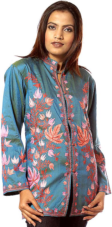 Steel-Blue Jacket with Embroidered Chinar Leaves