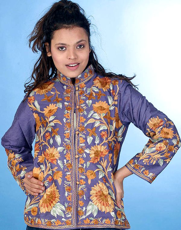 Steel-Blue Jacket with Large Flowers