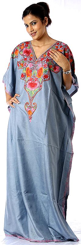 Steel-Blue Kaftan from Kashmir with Aari-Embroidered Flowers on Front