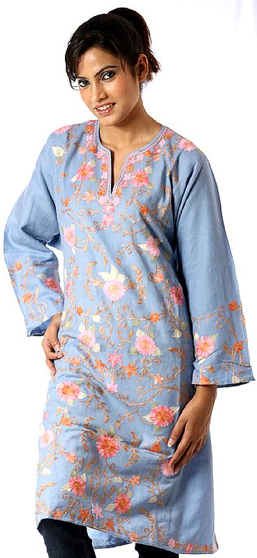 Steel-Blue Kashmiri Phiran with Embroidered Flowers All-Over