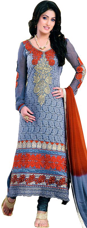 Steel-Gray Long Choodidaar Suit with Thread Embroidered Flowers on Neck and Crochet
