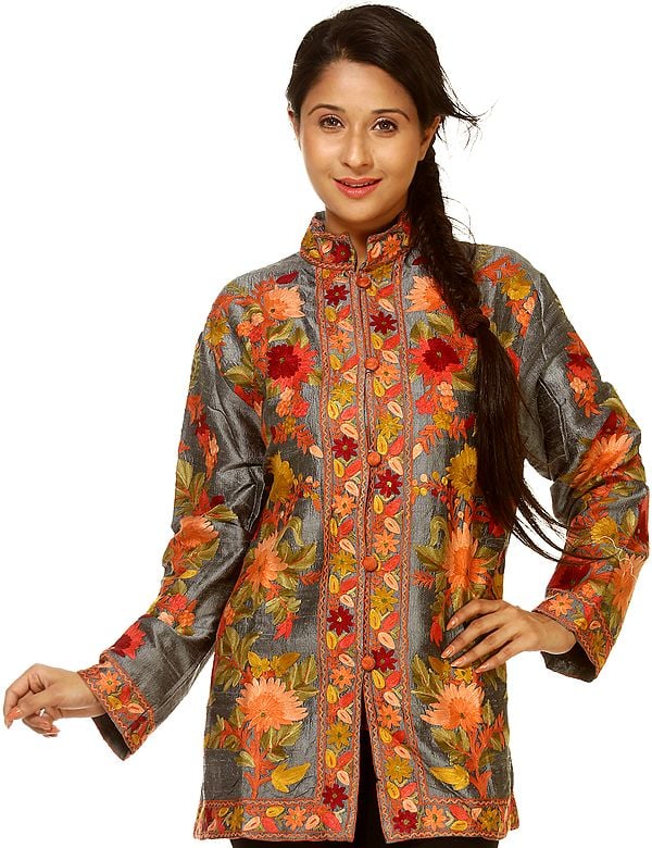 Gray Kashmiri Jacket with All-Over Aari Embroidered Flowers