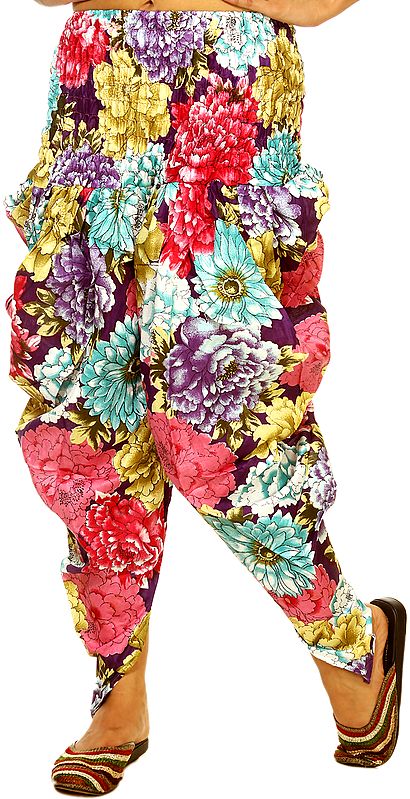 Multi-Color Harem Salwar Trousers with Large Printed Flowers