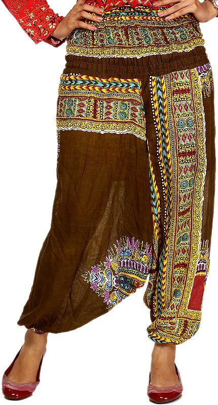 Brown Harem Trousers with Printed Folk Motifs