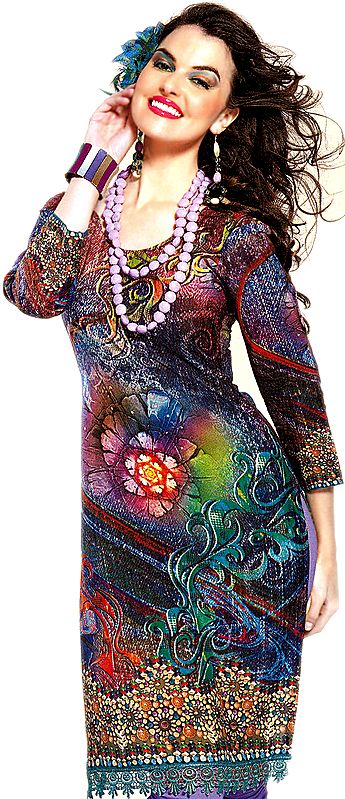 Multi-Color Digital Printed Kurti with Crochet Border