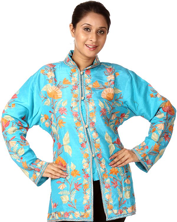 Cyan-Blue Kashmiri Jacket with Aari-Embroidered Flowers