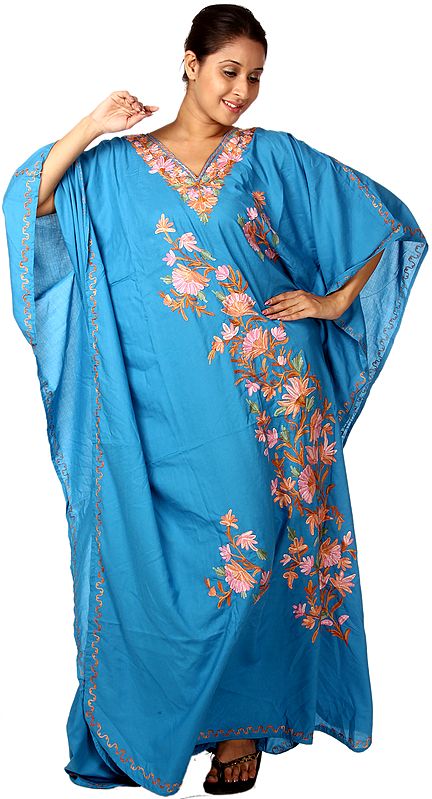Blue-Atoll Kaftan From Kashmir with Aari Embroidered Flowers