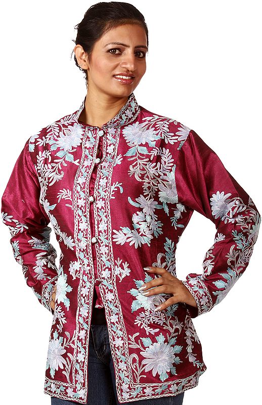 Rose-Wine Kashmiri Jacket With Aari Embroidered Flowers