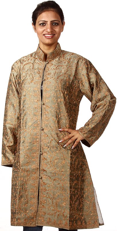 Taupe Long Kashmiri Jacket with Embroidered Paisleys and Creepers