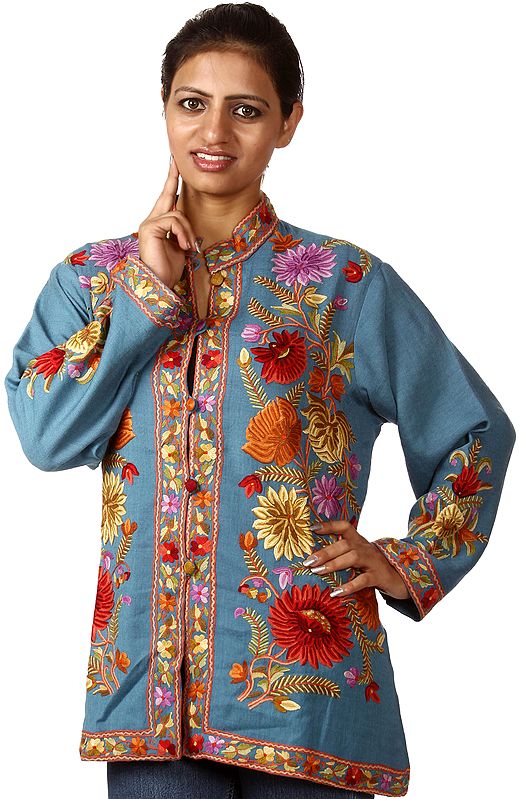 Niagara-Blue Kashmiri Jacket With Hand-Embroidered Flowers