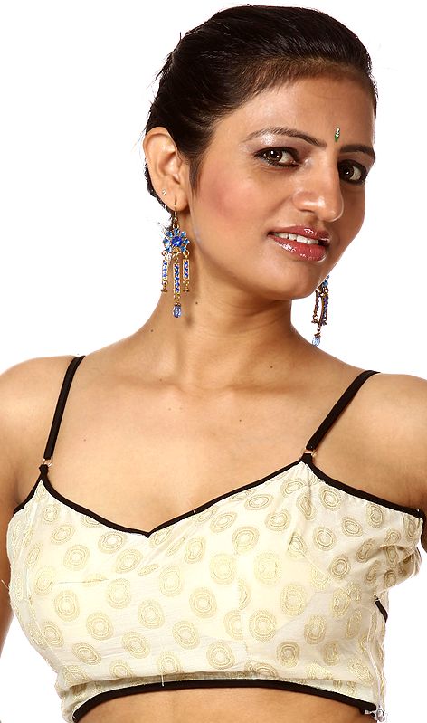 Ivory Backless Choli with Woven Circles and Black Border