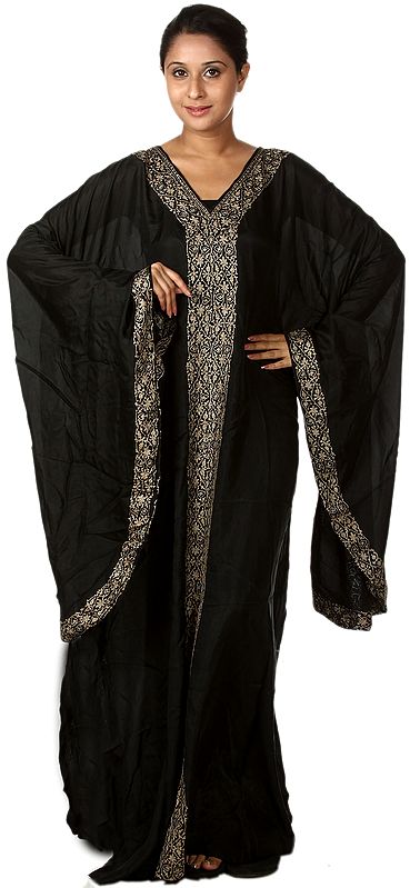Moonless-Night Kaftan from Kashmir with Embroidered Flowers and Paisleys