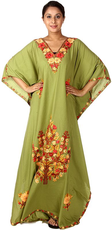 English-Ivy Kaftan from Kashmir with Aari Embroidered Flowers on Neck